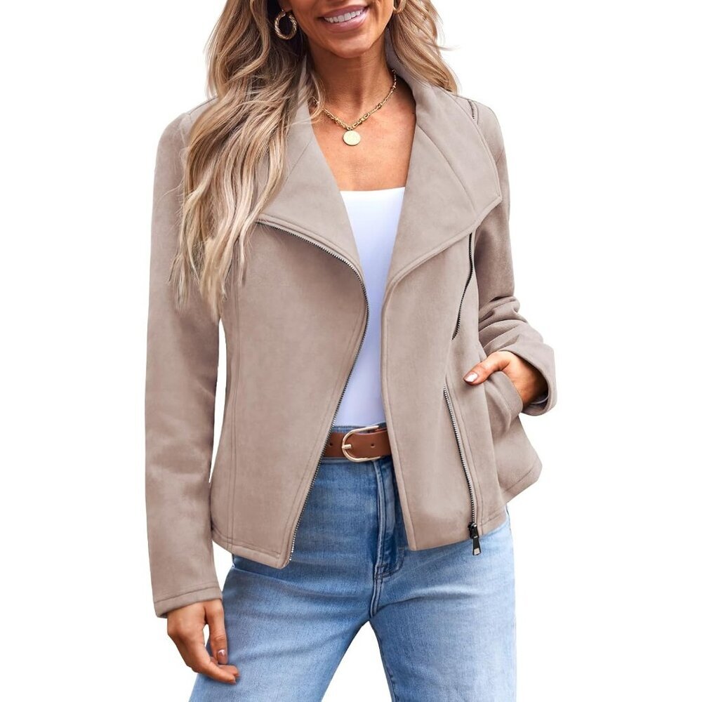 Women‘s Apricot Faux Leather Vest Jacket Coat Cropped Open Front Cardigan Style
